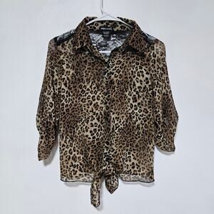 Wet Seal Chiffon Top Women's Small Leopard Print Sheer Lace Tie Front Vintage